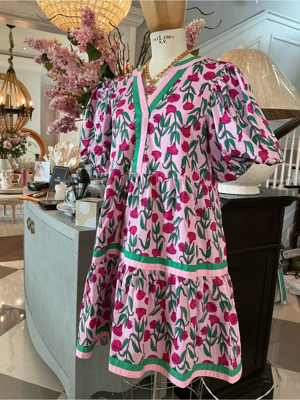 Mud Pie Pink Floral Tiered Dress with Green Trim - Picture 2 of 7